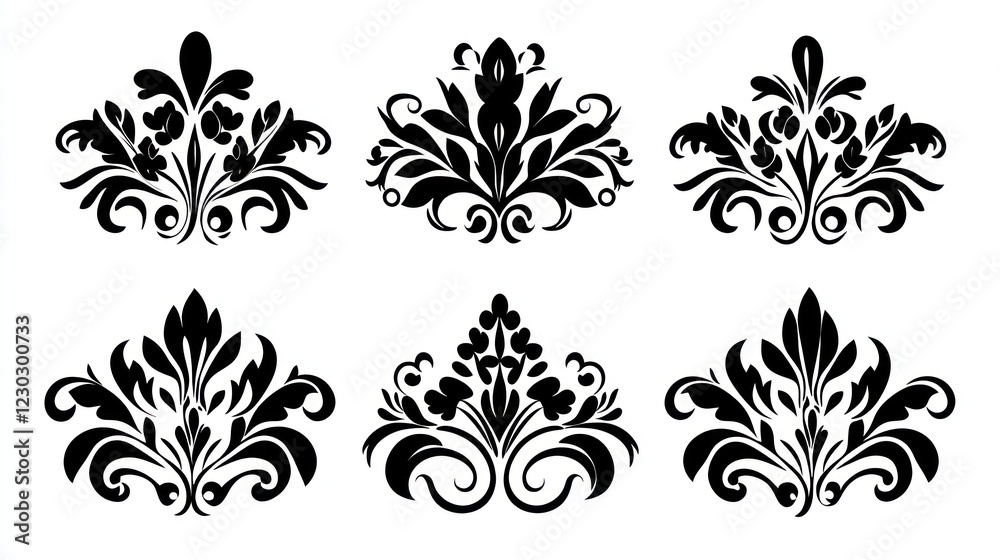 Six elegant black floral damask designs; white background; design elements Six elegant black floral damask designs; white background; design elements