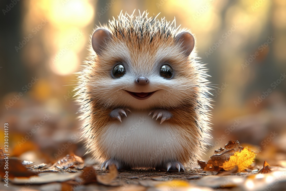 Cute hedgehog smiling in a serene autumn forest surrounded by colorful fallen leaves Cute hedgehog smiling in a serene autumn forest surrounded by colorful fallen leaves