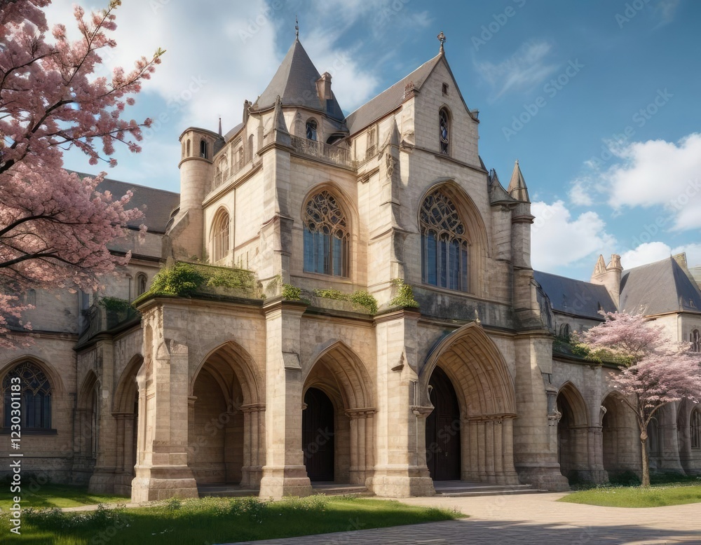 Panoramic view of Cluny abbey's facade with blooming cherry blossoms and greenery, columns, nature Panoramic view of Cluny abbey's facade with blooming cherry blossoms and greenery, columns, nature