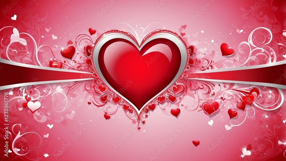A large, shiny red heart is beautifully showcased against a soft pink background, surrounded by smaller hearts and elegant floral accents.