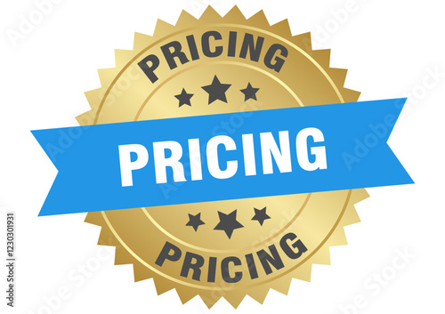 pricing. pricing round blue and gold label isolated on transparent background
