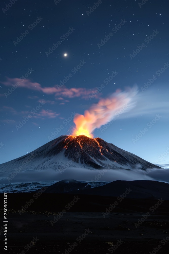 A dramatic volcano eruption, with glowing lava rivers flowing down its sides. The moonlight reflects off the smoke and ash, creating an ethereal and otherworldly atmosphere. Natural disaster. A dramatic volcano eruption, with glowing lava rivers flowing down its sides. The moonlight reflects off the smoke and ash, creating an ethereal and otherworldly atmosphere. Natural disaster.