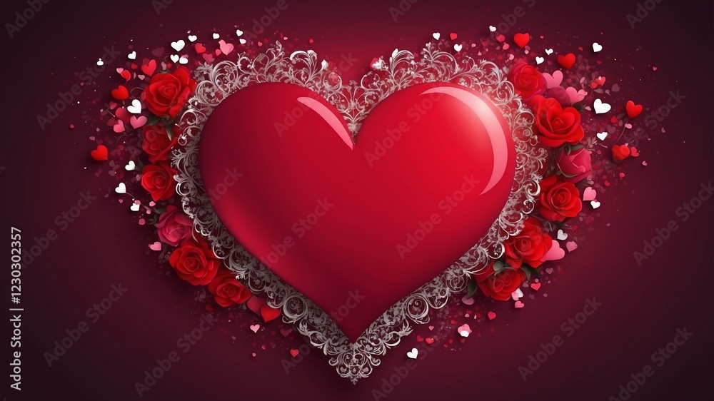 A luscious red heart, elegantly laced and surrounded by red roses and little hearts, makes a perfect Valentine's Day image. A luscious red heart, elegantly laced and surrounded by red roses and little hearts, makes a perfect Valentine's Day image.