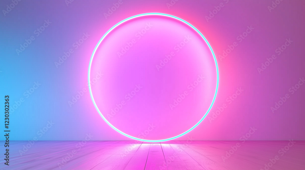 A glowing neon circle with pink and blue hues on a sleek wooden floor. A futuristic, minimalistic background ideal for branding or creative design. A glowing neon circle with pink and blue hues on a sleek wooden floor. A futuristic, minimalistic background ideal for branding or creative design.