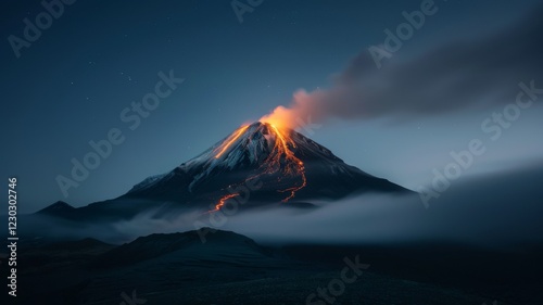 A dramatic volcano eruption, with glowing lava rivers flowing down its sides. The moonlight reflects off the smoke and ash, creating an ethereal and otherworldly atmosphere. Natural disaster.