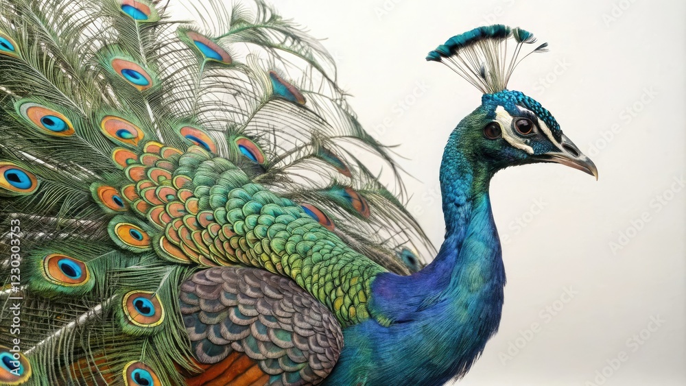 Fototapeta premium Psychedelic peacock illustration with intricate colors, whimsical illustrations, retro style