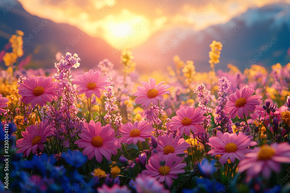 Pink Flowers Sunset Mountain Meadow Landscape Pink Flowers Sunset Mountain Meadow Landscape