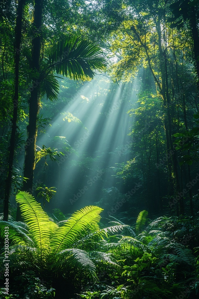 Fototapeta premium Sunlight filtering through dense rainforest canopy illuminating lush green ferns below