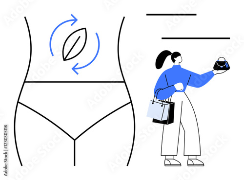 Woman with shopping bags holding an item. Nearby, a diagram of a stomach with arrows indicating movement. Ideal for consumer behavior, health awareness, wellness, nutrition, lifestyle, digestion