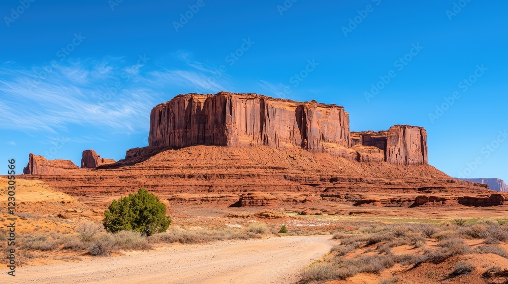 Majestic Red Rock Formation Under Clear Blue Sky in Vast Landscape Majestic Red Rock Formation Under Clear Blue Sky in Vast Landscape