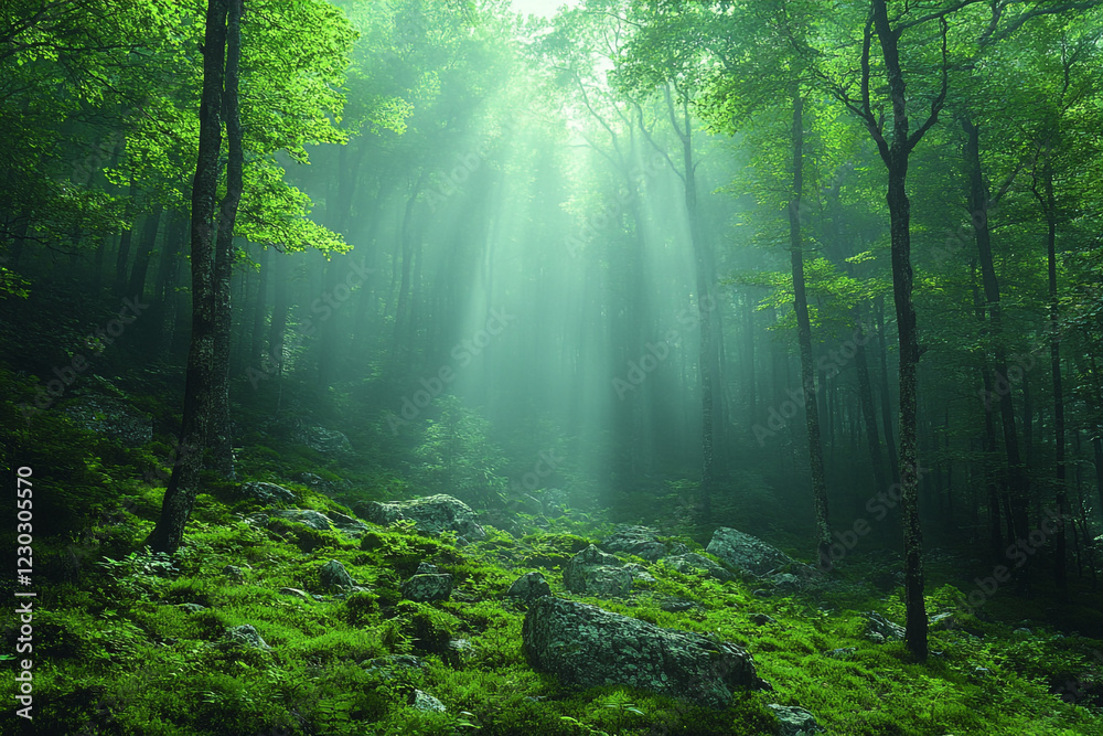 Fototapeta premium Sunbeams Illuminate a Misty Green Forest Scene