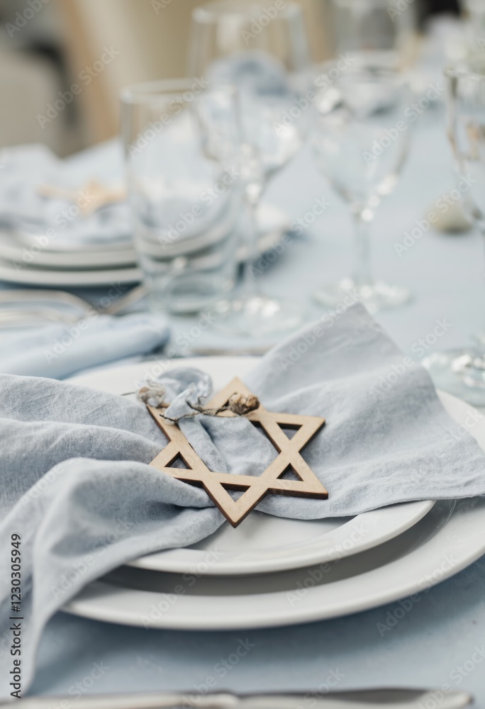 Beautiful table setting in white lite colors with tablecloth and decorated with David star. Celebrating Hanukkah, Rosh Hashanah, New Year, Christmas, Passover, Shavuot. Beautiful table setting in white lite colors with tablecloth and decorated with David star. Celebrating Hanukkah, Rosh Hashanah, New Year, Christmas, Passover, Shavuot.