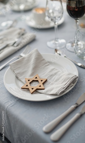 Beautiful table setting in white lite colors with tablecloth and decorated with David star. Celebrating Hanukkah, Rosh Hashanah, New Year, Christmas, Passover, Shavuot.