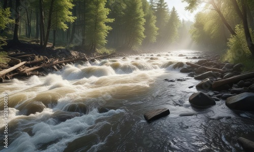 River rushing over a logjam in a fast-moving current with surrounding trees, nature, environment, landscape photo