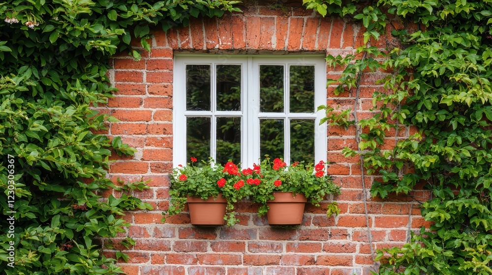 Charming Brick Wall Window with Red Flowers and Green Vines Charming Brick Wall Window with Red Flowers and Green Vines