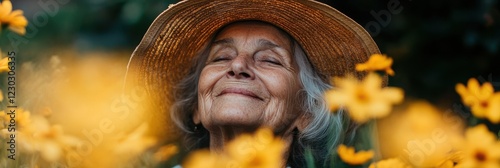 A serene elderly woman in a straw hat smiles warmly amidst vibrant yellow flowers, radiating joy and tranquility in nature.