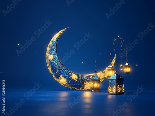 Illuminated Crescent Moon with Festive Lanterns photo