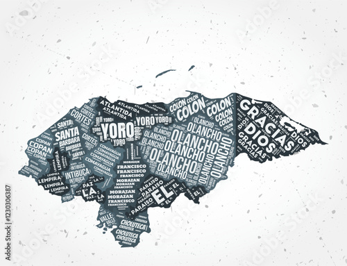 Honduras regions word clouds. Country shape on textured background. Honduras design in typographic style. Retro vector illustration.