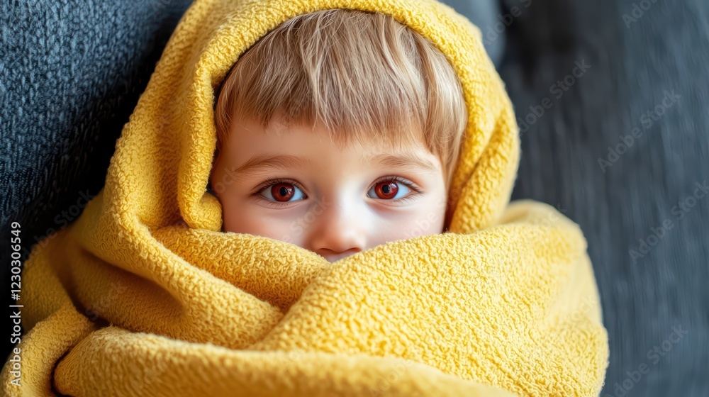 Cozy Child Wrapped in Bright Yellow Blanket with Warm Expression Cozy Child Wrapped in Bright Yellow Blanket with Warm Expression