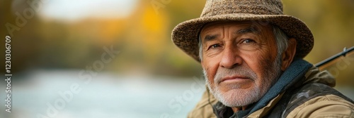 A weathered man with a straw hat gazes thoughtfully by a river, surrounded by autumn colors, embodying tranquility and wisdom.