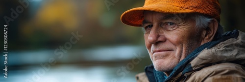 A thoughtful older man in an orange hat gazes into the distance, surrounded by nature, reflecting a peaceful and contemplative mood.