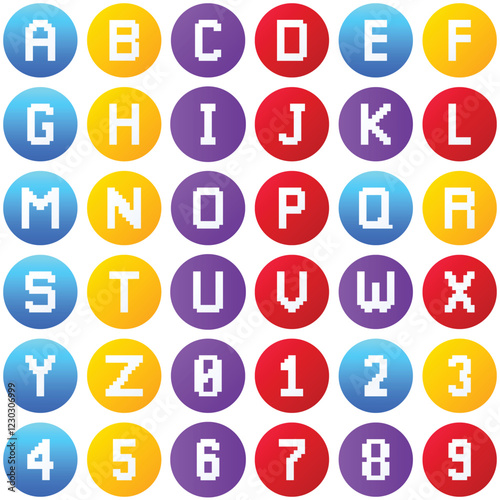 Pixel Alphabet And Numbers Gradient Circle set icon, vector illustrator
