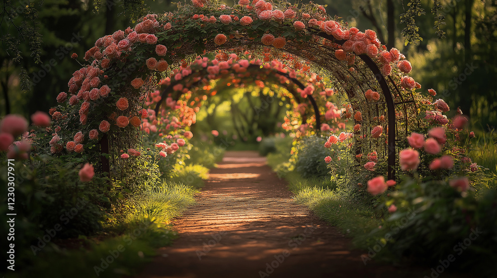 Fototapeta premium Pink rose garden archway on sunset. Idyllic rose garden