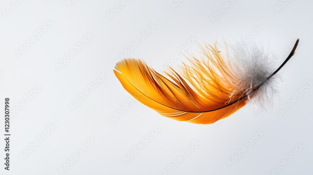 Fotografie Vibrant Orange Feather with Soft White Base Against Light Background