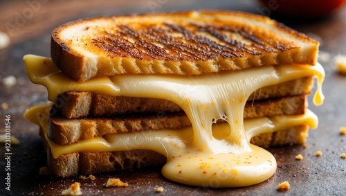 A triple-decker grilled cheese sandwich with melted cheese oozing out, shot close-up on a rustic wooden surface. photo