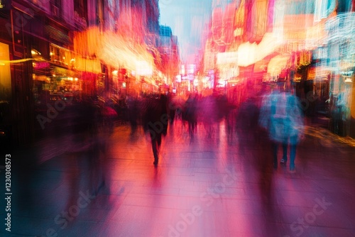 Abstract motion blur of city street at night with people walking and vibrant light trails.