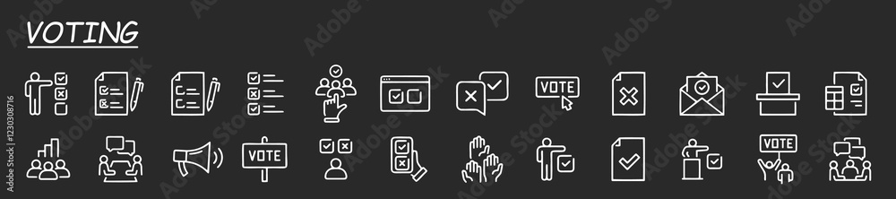 Voting and Election icons set. Collection of linear simple web icons such as Form, Online Voting, Debate, Candidate Rating, Vote Count and others. Grey background Voting and Election icons set. Collection of linear simple web icons such as Form, Online Voting, Debate, Candidate Rating, Vote Count and others. Grey background