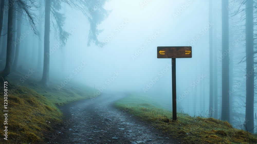 Misty Forest Path with Directional Sign in Atmospheric Fog Misty Forest Path with Directional Sign in Atmospheric Fog