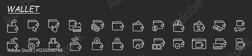 Set of Wallet related vector line Icons. Contains such Icons as Top up or withdraw funds, money transfer, payment, security and more. Grey background