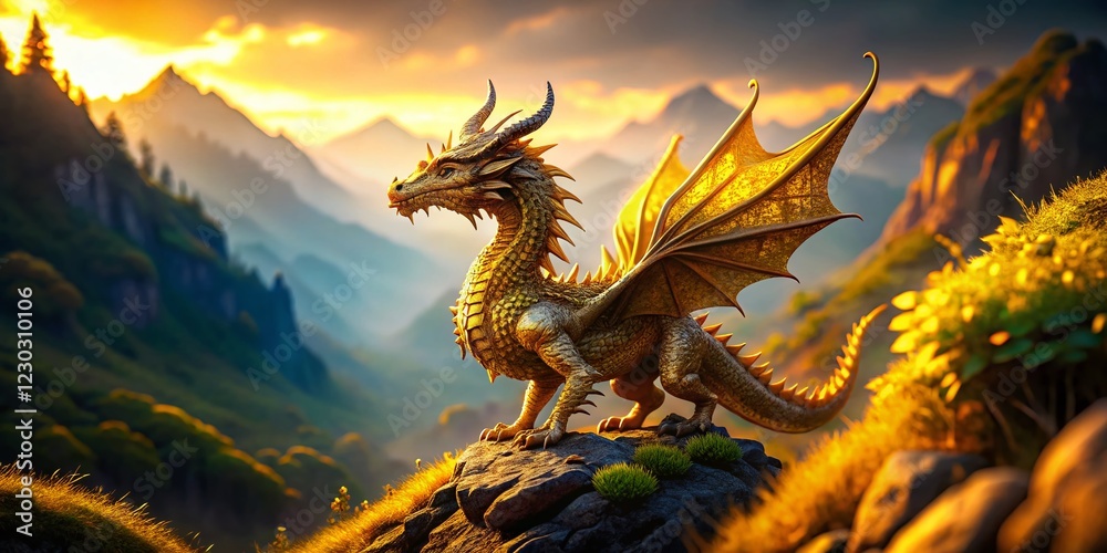 Fototapeta premium Miniature Golden Dragon Pixel Art, Fantasy Landscape, Tilt-Shift Photography