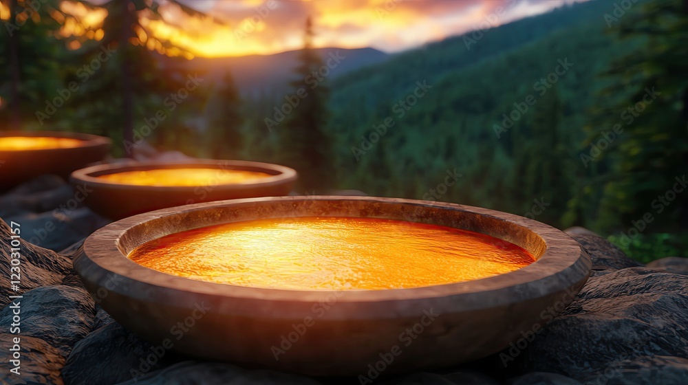 Gold Mining Operations in Remote Locations of A serene landscape featuring reflective bowls at sunset, surrounded by lush greenery and majestic mountains. Gold Mining Operations in Remote Locations of A serene landscape featuring reflective bowls at sunset, surrounded by lush greenery and majestic mountains.
