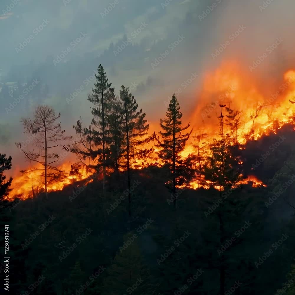 Forest fire burning at night with flames engulfing trees, creating an orange glow against the dark sky. Forest fire burning at night with flames engulfing trees, creating an orange glow against the dark sky.