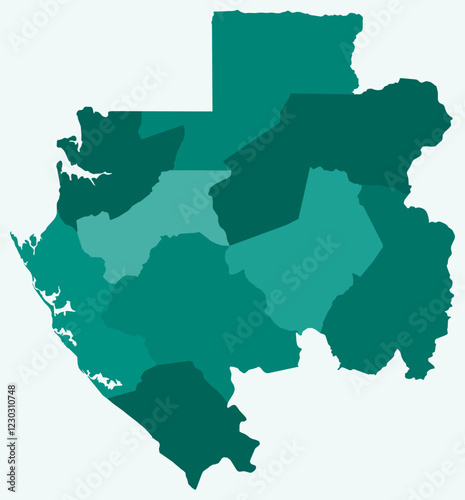 Map of Gabon with regions. A simple country border map with region division in a teal color palette. Vector illustration.