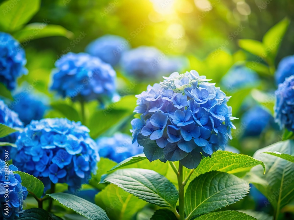 Miniature Mountain Hydrangea Blooms: Vibrant Blue Flowers & Lush Greenery Miniature Mountain Hydrangea Blooms: Vibrant Blue Flowers & Lush Greenery