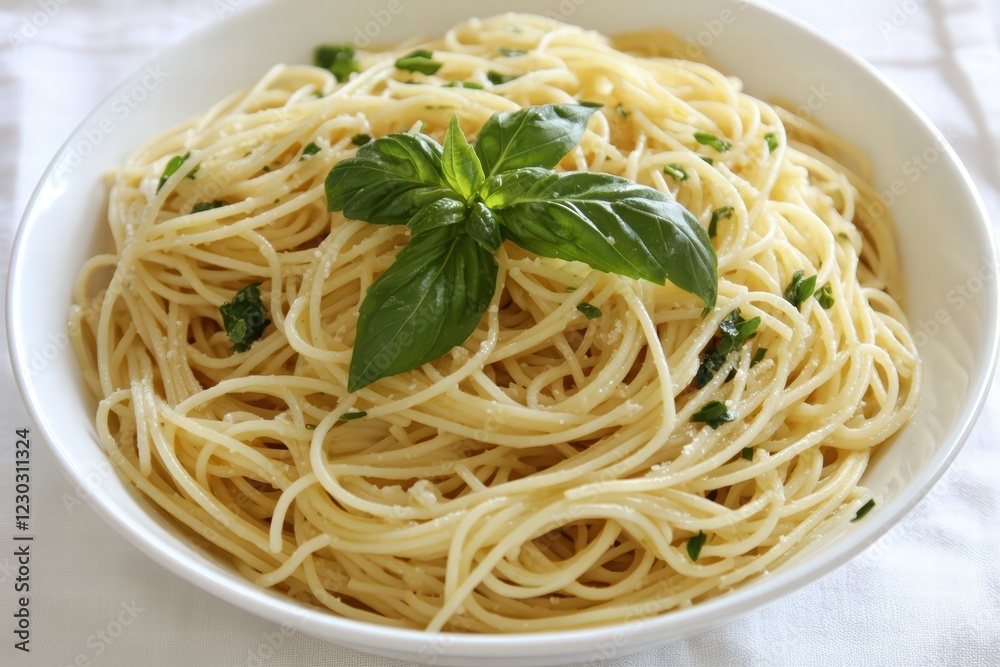 Freshly Cooked Spaghetti with Basil and Olive Oil Garnish Freshly Cooked Spaghetti with Basil and Olive Oil Garnish