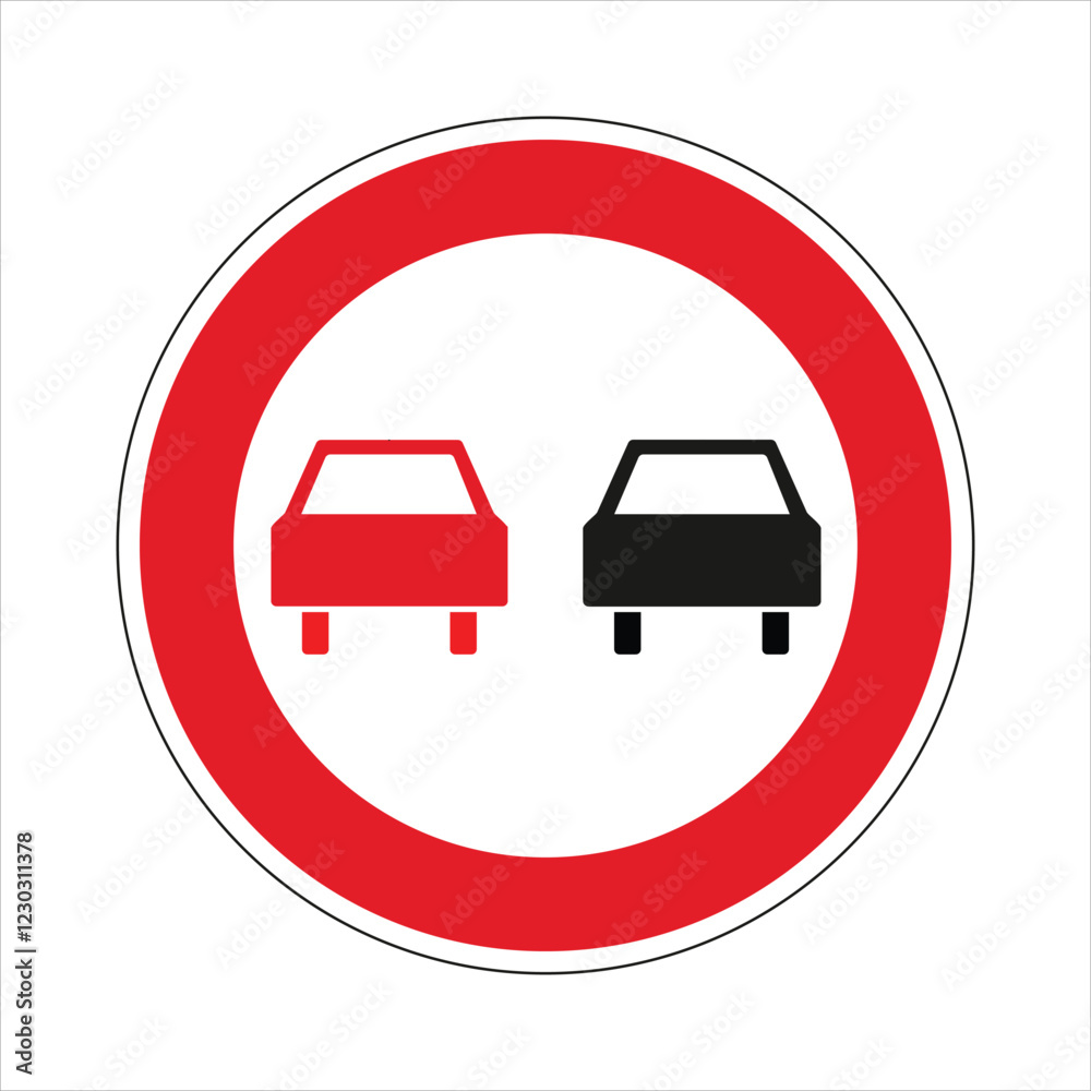 Red and black no overtaking traffic sign on white background, warning drivers about overtaking restrictions Red and black no overtaking traffic sign on white background, warning drivers about overtaking restrictions