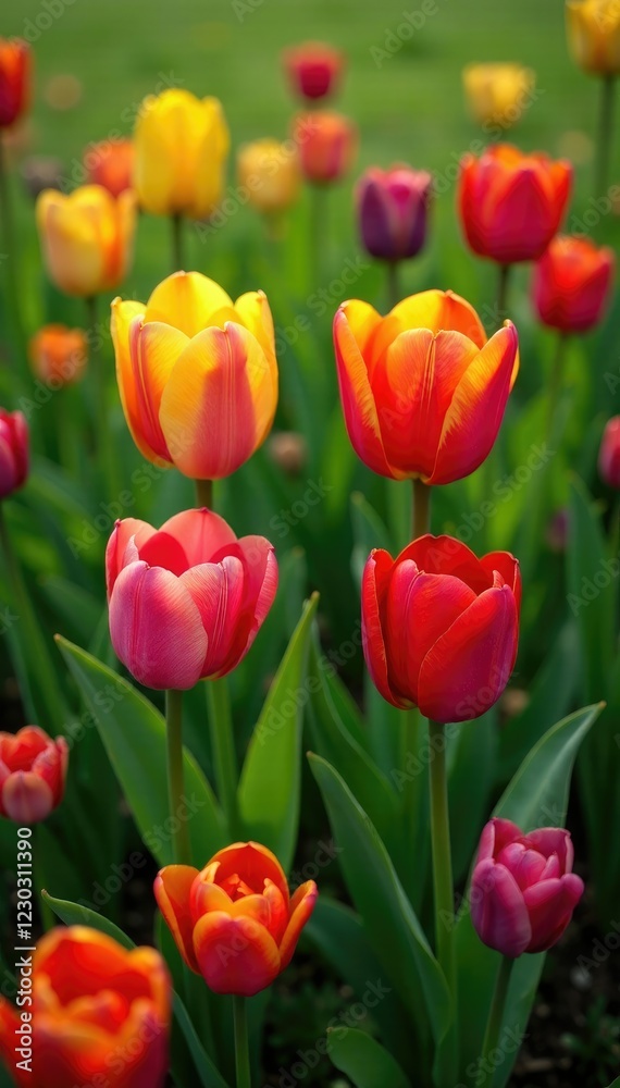 Four tulip squares in a triangular formation within the meadow, green grass, colorful flowers Four tulip squares in a triangular formation within the meadow, green grass, colorful flowers