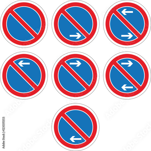 Set of no parking signs indicating parking restrictions and alternate side regulations for different days and times
