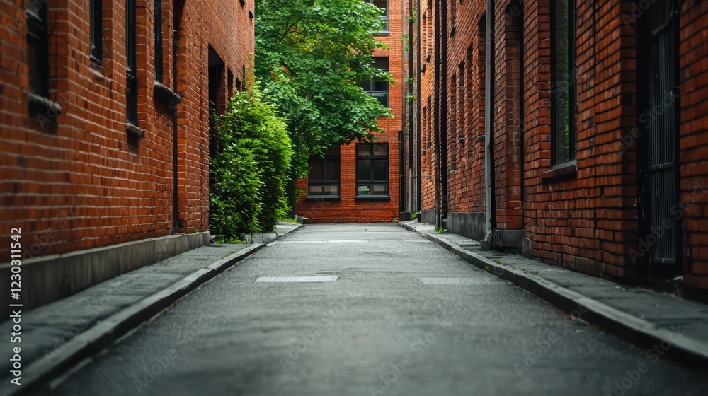 Fototapeta premium Narrow Cobblestone Alleyway Surrounded by Red Brick Buildings