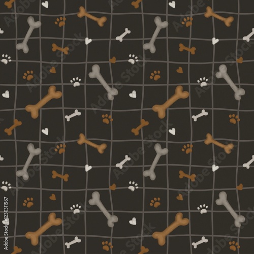 Cute cartoon raws and bones nursery seamless pattern, hand draw nordic grids on dark background
