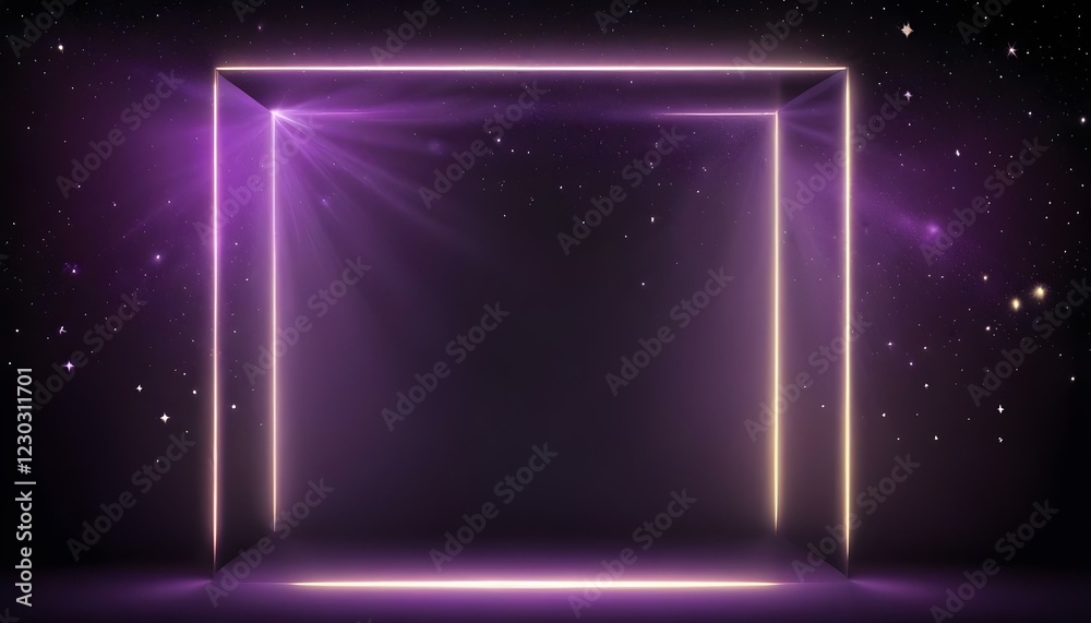 Obraz premium Rayos de luz morados y amarillos brillantes que brillan desde la parte superior del marco contra un fondo oscuro y estrellado