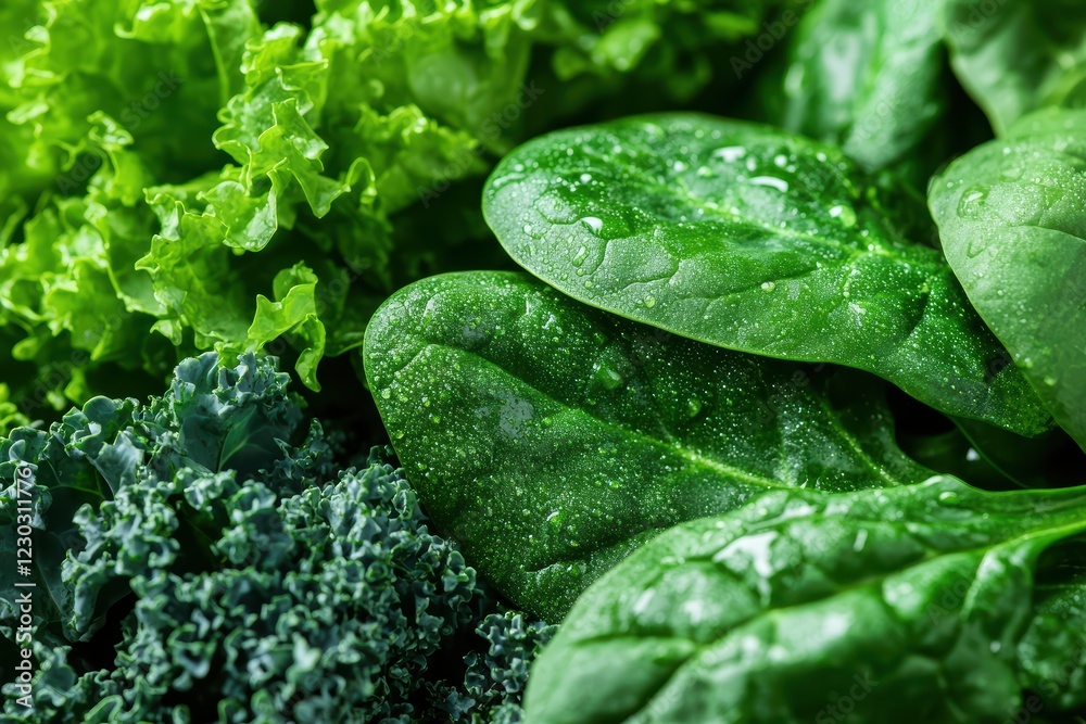 Fresh Green Leafy Vegetables with Water Drops in a Close-Up View Fresh Green Leafy Vegetables with Water Drops in a Close-Up View