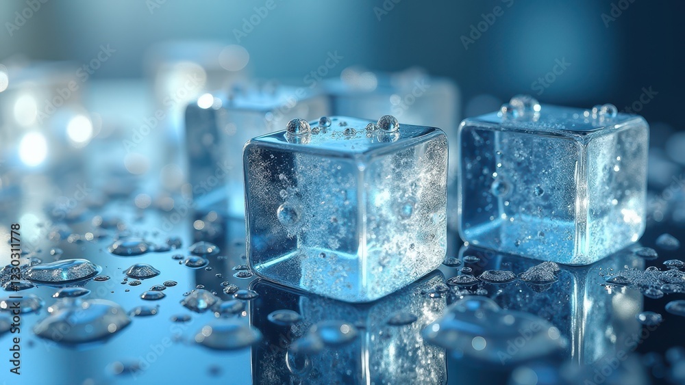 Fresh ice cubes melting on a reflective wet surface with scattered water droplets Fresh ice cubes melting on a reflective wet surface with scattered water droplets