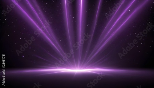 Rayos de luz morados y amarillos brillantes que brillan desde la parte superior del marco contra un fondo oscuro y estrellado