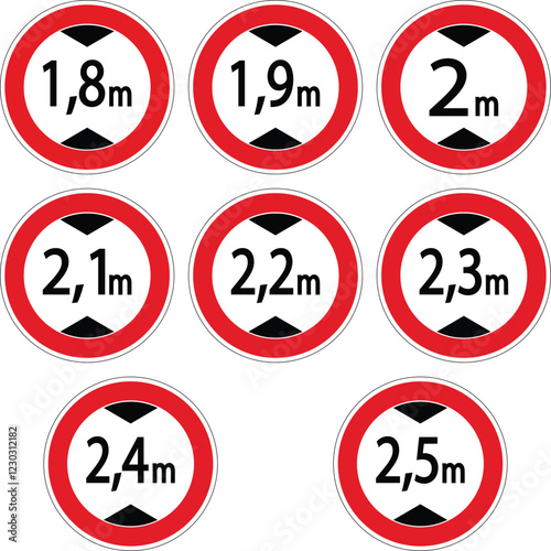 Nine height restriction traffic signs indicating different height limits from 1.8 meters to 2.5 meters