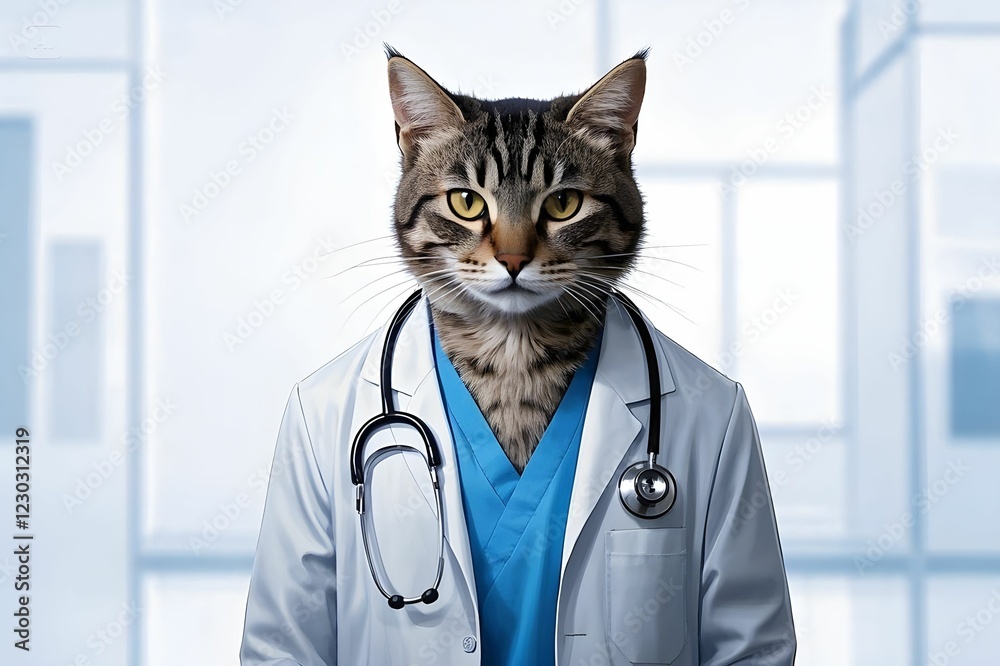 The cat is wearing a blue doctor's uniform The cat is wearing a blue doctor's uniform